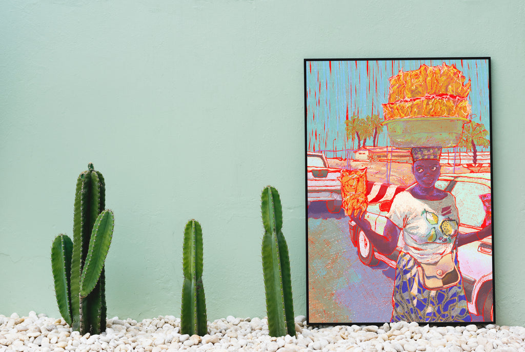 African-woman-colorful-art-print-for-sale-with-frame-and-cactus